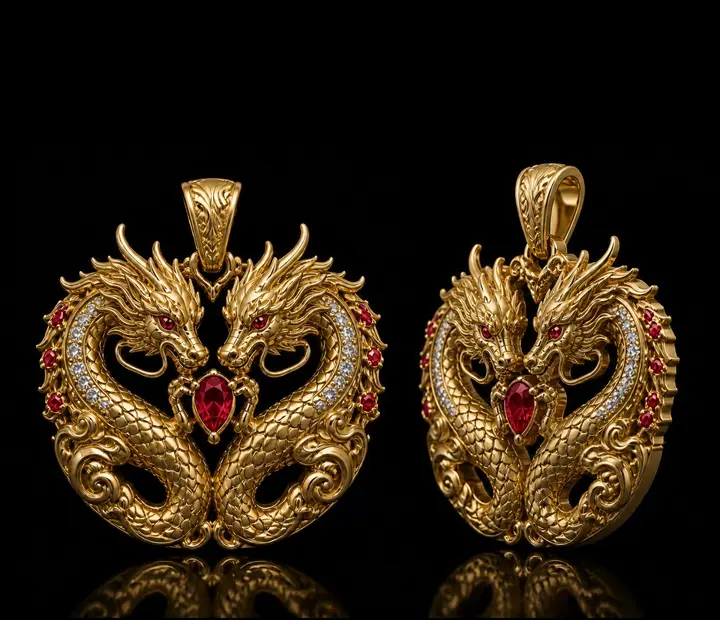 Yellow Gold & Ruby Twin Dragon Pendant diamond jewelry