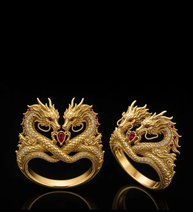 Yellow Gold & Ruby Twin Dragon Ring diamond jewelry