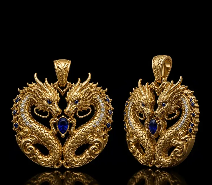 Yellow Gold & Sapphire Twin Dragon Pendant diamond jewelry