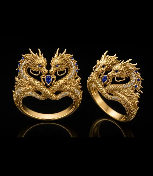 Yellow Gold & Sapphire Twin Dragon Ring diamond jewelry